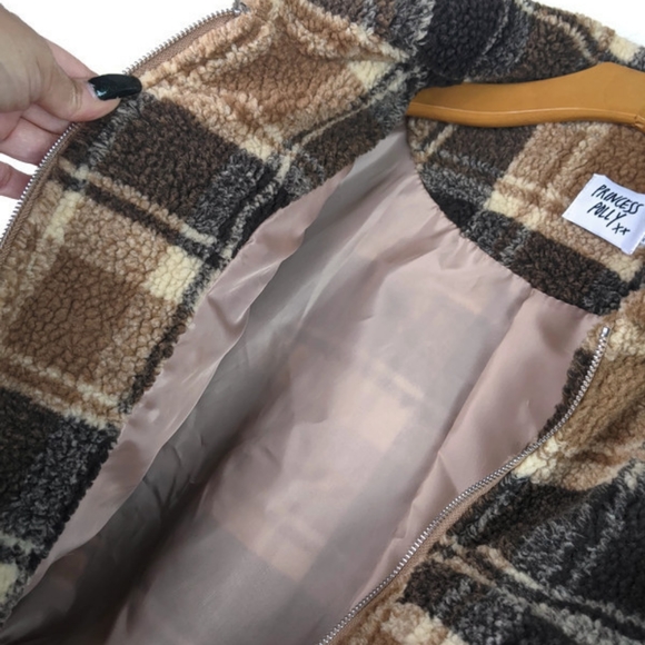 NWOT Princess Polly Doria Jacket Brown Plaid Cropped Oversized Boxy Zip Teddy - Picture 8 of 16